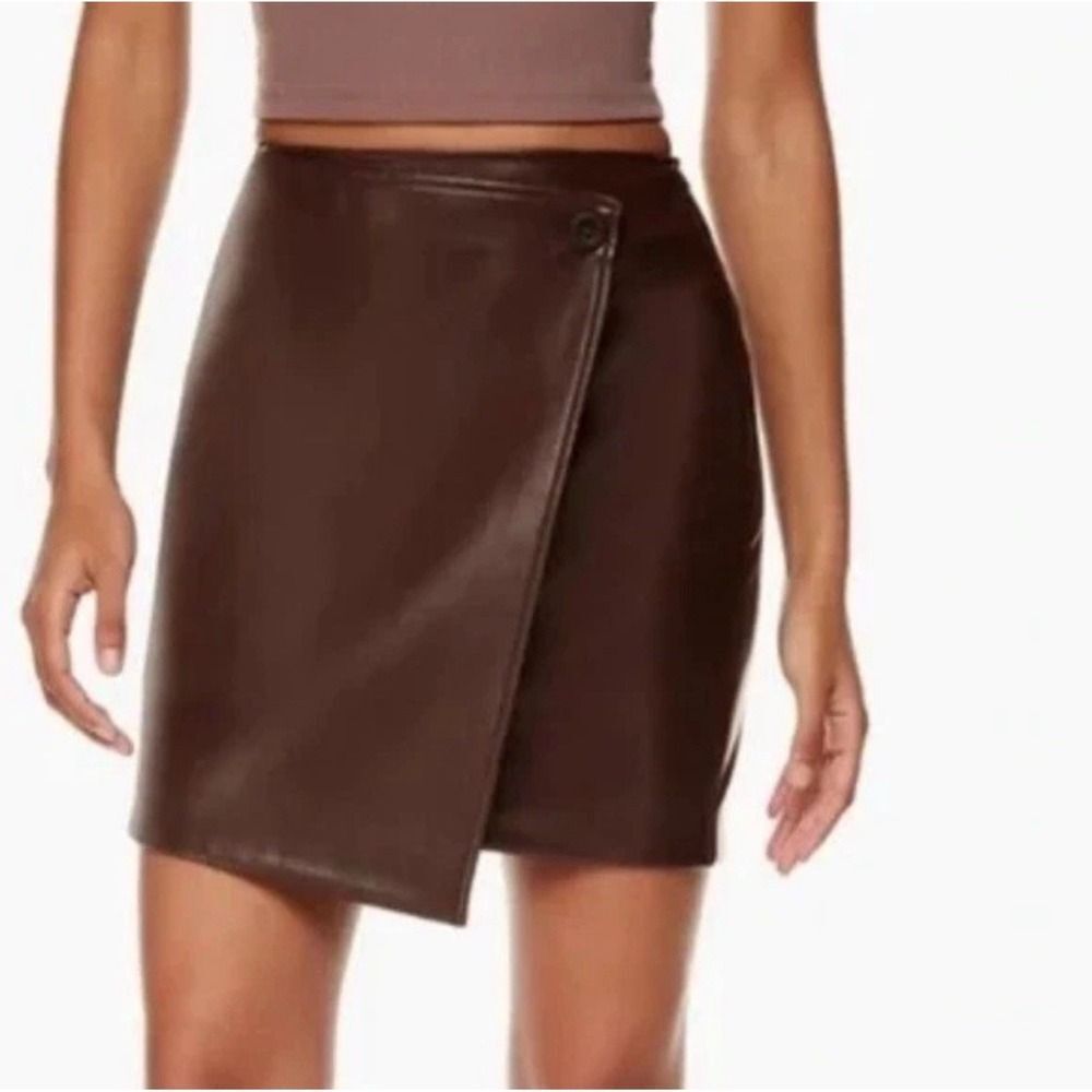 Aritzia Babaton Vegan Leather Asymmetrical Mini Skirt Brown. Sz 4